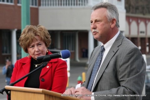 Montgomery County Mayor Carolyn Bowers listens as Randy Clouser speaks about his father-in-law Montgomery County Mayor Carolyn Bowers listens as Randy Clouser speaks about his father-in-law