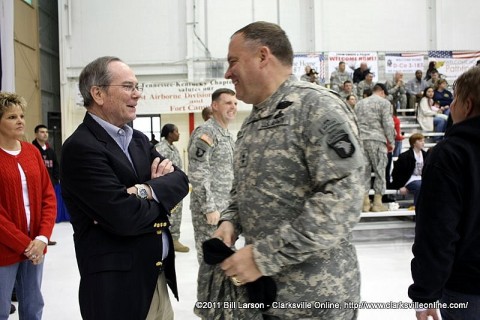 Maj. Gen. Frank Wiercinski speaking with Clarksville businessman Jack Turner before the ceremony