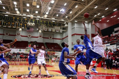 TyShwan Edmondson fires a shot at the APSU goal