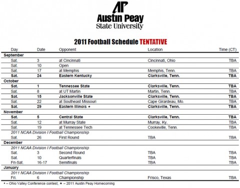 Austin Peay State University’s 2011 football schedule. Austin Peay State University’s 2011 football schedule.