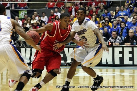 TyShwan Edmondson drives to the basket againest Morehead State in the Ohio Valley Conference Tournament semifinals Saturday night.