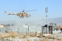 An Afghan National Security Force Mi-17 Afghan helicopter lands at Forward Operating Base Fenty in eastern Afghanistan’s Nangarhar Province to load supplies for Afghan troops stationed at Barge Matal and Naray March 10th. (Photo by U.S. Army Spc. Richard Daniels Jr., Task Force Bastogne Public Affairs)