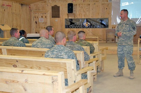 U.S. Army Chaplain (Maj.) Randall H. Robison of Grand Prairie, TX, Task Force Currahee brigade chaplain, 4th Brigade Combat Team, 101st Airborne speaks with Currahee Soldiers during a three-day, semimonthly Toccoa Tough Resiliency Course at Forward Operating Base Sharana March 11th. (Photo by U.S. Army Sgt. Christina Sinders, Task Force Currahee Public Affairs)