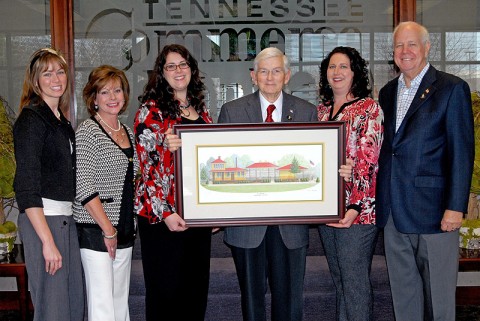 Pictured left to right at the presentation are Megen Roberts with the Fort Campbell Spouses Club; Mary Lankford-Benson, Tennessee Commerce Bank and wife of the Command Sergeant Major of the 1BCT; Karen Perez, Ft. Campbell Spouses Club; Ponder; Beth Poppas, wife of the commander of the 1BCT, 101st Airborne Division and Art Helf, retired chairman of Tennessee Commerce Bank.