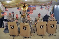 The 101st Airborne Division Dixieland Band plays at the Currahee Café Dining Facility, March 10th, on Forward Operating Base Sharana, Afghanistan. This is their first stop on a tour of Task Force Currahee, 4th Brigade Combat Team, 101st Airborne Division’s area of operations, Paktika Province, from March 9th to 25th. (Photo by U.S. Army Staff Sgt. Todd Christopherson, Task Force Currahee Public Affairs)