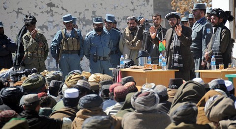 The governor of Paktika Province, Moheebullah Samim, addresses elders and tribesmen from the Terwa and Waza Khwah area at a peace shura March 12th at the Waza Khwah District Center. He encouraged those present to work together to keep their families and homes safe. (Photo by U.S. Army Spc. Kimberly K. Menzies, Task Force Currahee Public Affairs) The governor of Paktika Province, Moheebullah Samim, addresses elders and tribesmen from the Terwa and Waza Khwah area at a peace shura March 12th at the Waza Khwah District Center. He encouraged those present to work together to keep their families and homes safe. (Photo by U.S. Army Spc. Kimberly K. Menzies, Task Force Currahee Public Affairs)