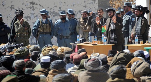 The governor of Paktika Province, Moheebullah Samim, addresses elders and tribesmen from the Terwa and Waza Khwah area at a peace shura March 12th at the Waza Khwah District Center. He encouraged those present to work together to keep their families and homes safe. (Photo by U.S. Army Spc. Kimberly K. Menzies, Task Force Currahee Public Affairs)