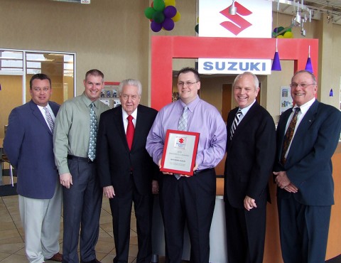 (L-R) David Carson, General Manager for Mathews Suzuki; Derek Davis, Finance Manager; Gary Mathews, partner for Mathews Nissan Suzuki; Matt Hall, New Car Sales Manager for Mathews Suzuki; O.B. Garland, Vice President of Mathews Nissan Suzuki; and Ron Reinhard, General Manager for Mathews Nissan Suzuki.