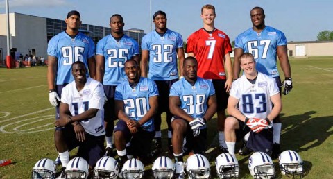 The Titans’ 2010 draft class: (front row, left to right) wide receiver Damian Williams, cornerback Alterraun Verner, linebacker Rennie Curran, wide receiver Marc Mariani, (second row, left to right) defensive end Derrick Morgan, safety Myron Rolle, safety Robert Johnson, quarterback Rusty Smith and defensive tackle David Howard.