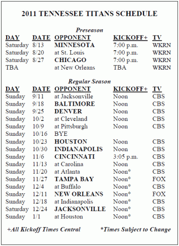 2011 Tennessee Titans Schedule