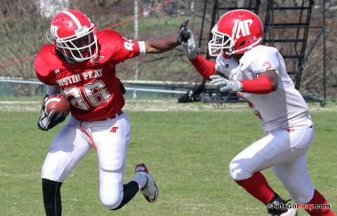 Wide receiver Robert Lemon (86) breaks free en route to a 60-yard TD catch and run, Saturday morning, at Morgan Brothers Soccer Field. (Austin Peay Sports Information)