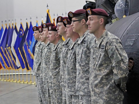 The Soldiers received the award for exceptional heroism and valor during a dangerous but crucial mission in Afghanistan in 2009, that required them as MH-47 Chinook helicopter crews to put their lives in immediate danger for the well-being of other forces and mission accomplishment. (Photo by Spc. Ashley M. Outler, 28th Public Affairs Detachment)