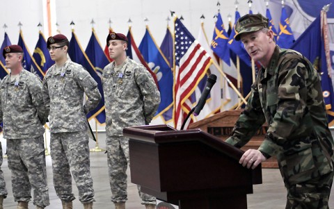 The Soldiers received the award for exceptional heroism and valor during a dangerous but crucial mission in Afghanistan in 2009, that required them as MH-47 Chinook helicopter crews to put their lives in immediate danger for the well-being of other forces and mission accomplishment. (Photo by Spc. Ashley M. Outler, 28th Public Affairs Detachment)