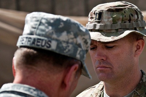 U.S. Army Gen. David H. Petraeus, International Security Assistance Forces commander, awards a Silver Star Medal to U.S. Army Capt. Edward B. Bankston, Task Force No Slack, 1st Brigade Combat Team, 101st Airborne Division, at Forward Operating Base Joyce in eastern Afghanistan's Kunar Province April 11th. Bankston is on his third combat deployment. (Photo by U.S. Army Sgt. 1st Class Mark Burrell, Task Force Bastogne Public Affairs)