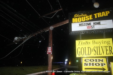 A utility pole was snapped in half by the straight line winds in the storm last night