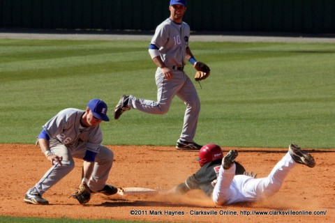 Rolando Gautier steals second base in the first game against Eastern Illinois on Saturday