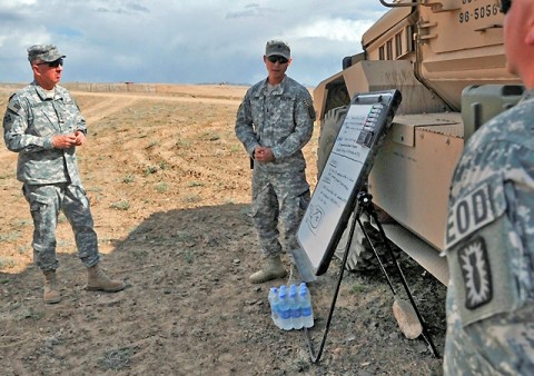 U.S. Army Lt. Gen. Michael D. Barbero, director of the Joint IED (improvised explosive device) Defeat Organization speaks with an explosive ordnance disposal platoon leader attached to Task Force Currahee about the Afghan National Army EOD team training program at Forward Operating Base Sharana, Afghanistan, April 26th. (Photo by U.S. Army Sgt. Christina Sinders, Task Force Currahee Public Affairs)