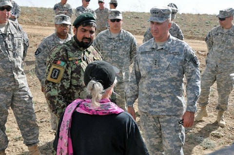 U.S. Army Lt. Gen. Michael D. Barbero, director of the Joint IED Defeat Organization, an Afghan National Army Explosive Ordnance Disposal team leader, and other representatives tour the EOD training program hosted by a U.S. Army EOD team attached to Task Force Currahee, 4th Brigade Combat Team, 101st Airborne Division, at Forward Operating Base Sharana, Afghanistan, April 26th. (Photo by U.S. Army Sgt. Christina Sinders, Task Force Currahee Public Affairs)