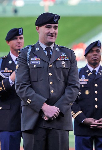 Spc. Daniel Foster, formerly of the 1st Battalion, 187th Infantry Regiment stands in Angel Stadium, Anaheim CA, prior to receiving a Silver Star medal for actions in Afghanistan while deployed in support of Operation Enduring Freedom, April 9th.