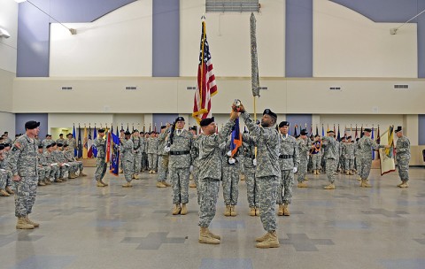 The 101st Combat Aviation Brigade uncase their battalion and brigade Colors at Fort Campbell, KY, May 12th 2011. (Photo by Sgt. 1st Class Sadie Bleistein)