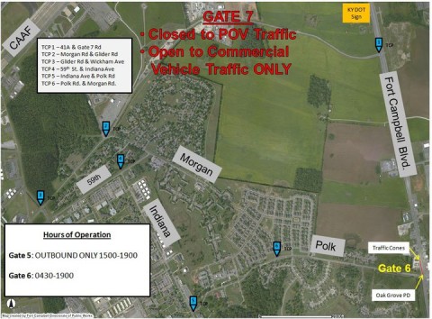 Flooding related traffic control point locations and gate schedules on Fort Campbell