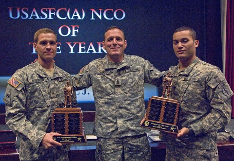 (Left to Right) Staff Sgt. Samuel Winslow, Command Sgt. Maj. William B. Zaiser, and Spc. Christopher Thompson.