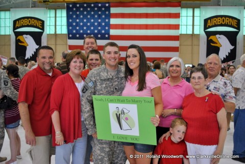 SPC Noah McGinns was welcomed home by his fiancee Erica McCoy along with his brother Jordan, cousin Brock, his parents Louanne and Rocky McGinnis, grand parents Harvey and Margie McGinnis and Erica's parents Lisa and Eric McCoy