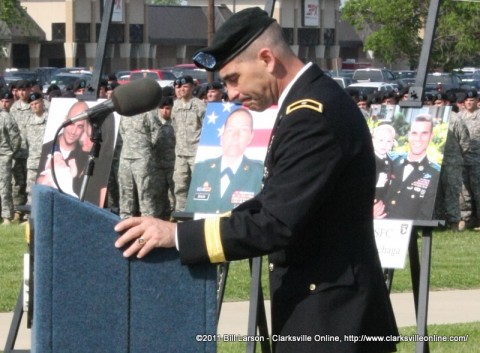 Brigadier General Jeffrey N. Colt, the Deputy Commander of Fort Campbell deals with an emotional moment during his remarks