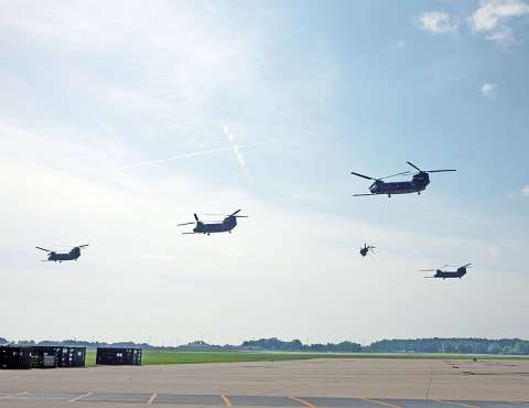 A Ceremonial formation of Chinook helicopters was one of the highlights of the 2011 Week of Night Stalker Activities.