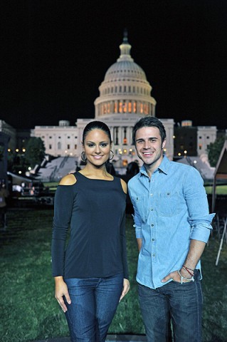 "American Idol" 2009 winner Kris Allen with 2011 AI finalist Pia Toscano at a rehearsal for the "National Memorial Day Concert," which airs live on PBS at 7:00pm from the west lawn of the Capitol.  (Capital Concerts, Bill Fitzpatrick) 