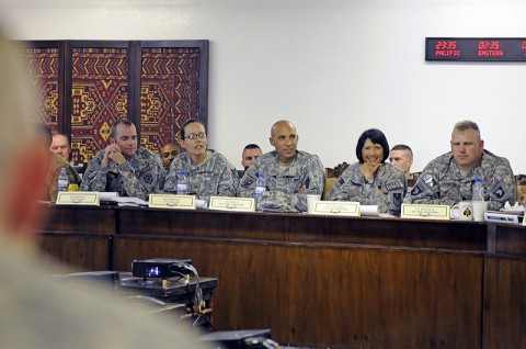 Logisticians from throughout Regional Command East gathered for a Logistics Synchronization Conference on Bagram Air Field, May 14th and 15th. The conference allowed the commanders of the various task forces a chance to work together and sort out problems to better resupply service members in eastern Afghanistan. (Photo by Spc. Michael Vanpool)