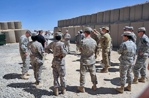 4th Brigade Combat Team, 101st Airborne Division, Task Force Currahee medics listen as Tim Webb, an instructor for Northern Cairn, goes over the day’s practical exercise on symptoms and how to treat them during the Wilderness Medicine class held on Forward Operating Base Sharana, Afghanistan,  May 14th. (Photo by U.S. Army Staff Sgt. Todd Christopherson, Task Force Currahee Public Affairs)