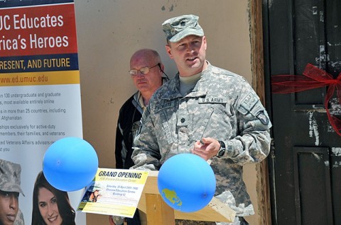 Deputy commander of Task Force Currahee, 4th Brigade Combat Team, 101st Airborne Division, U.S. Army Lt. Col. Darrin Ricketts, a native of Springfield, Ohio, tells a crowd gathered for a grand opening ceremony of the Sharana Education Center, April 30th about the benefits of continuing their education and taking advantage of their free time while deployed. (Photo by U.S. Army Staff Sgt. Todd Christopherson, Task Force Currahee Public Affairs Office)