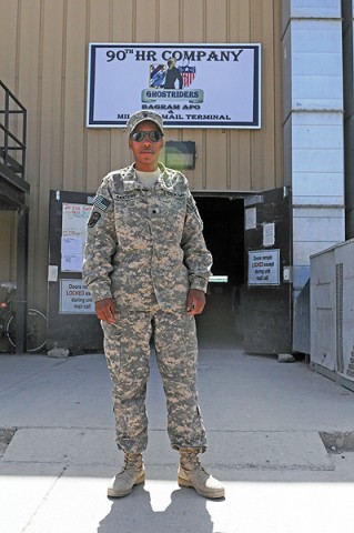 Spc. Salecha Sanders, the custodian of postal effects for the 90th Human Resources Company, 101st Special Troops Battalion, 101st Sustainment Brigade.  (Photo by Spc. Michael Vanpool)