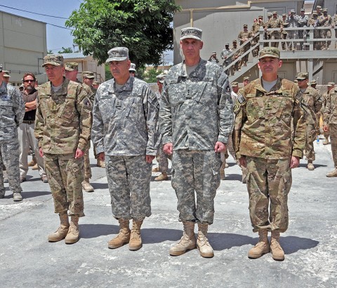 (left to right) General David H. Petraeus, Commander, U.S. Forces-Afghanistan, (outgoing) Maj. Gen. John F. Campbell, Commander, Regional Command – East, Lt. Gen. David M. Rodriguez, Commander, International Security Assistance Force joint Command and Deputy Commander, U.S. Forces-Afghanistan, and (incoming) Maj. Gen. Daniel B. Allyn, Commander, Regional Command – East, line up before marching to the Combined Joint Task Force-101 to Combined Joint Task Force-1 Transfer of Authority ceremony.