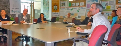 Members of the City of Chattanooga Sustainability Team met in their planning room to share their sustainability planning with the visitors from Clarksville. Pictured left to right are: Geri Spring, Sustainability Education Coordinator; Phil Harpel; Michelle Newell; Gene Hyde, City Forester; David Crockett, Director of the Office of Sustainability; Dr. Juanita Loundmonclay, resource development coordinator; Leslie Jacobs, sustainable neighborhoods coordinator and Charlie Koon.