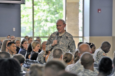 The Chief of Staff of the Army (CSA) visited Fort Campbell, Kentucky on Thursday, 23rd June 2011. General Martin E. Dempsey paid a visit to Fort Campbell where he and his wife Deanie met with Soldiers and their spouses. "Be proud of yourselves and your Families and your children for the role that they've played," said Dempsey. (Official Army photo by: Jerry Woller)