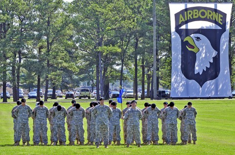 Soldiers from 1st Battalion, 101st Aviation Regiment bow their head in prayer during a change of command ceremony at Fort Campbell, KY, June 23rd, 2011.