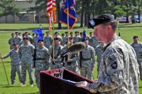 Lt. Col. William Ryan, 1st Battalion, 101st Aviation Regiment incoming commander, speaks to his family, friends, soldiers and fellow leaders during a change of command ceremony at Fort Campbell, KY, June 23rd, 2011. Ryan was the 101st CAB deputy commanding officer.