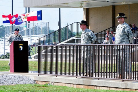 Col. Bill Gayler, 101st Combat Aviation Brigade commander, speaks to the incoming and outgoing commanders of the 2nd Squadron, 17th Cavalry Regiment of their accomplishments and challenges while thanking Lt. Col. Hank Taylor’s wife for supporting the families of the squadron through the last deployment during a change of command ceremony June 21st, 2011 at Fort Campbell, KY. (101st Combat Aviation Brigade Public Affairs Noncommissioned Officer Tracy R. Weeden/Released)