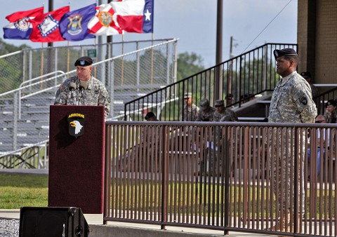 Lt. Col. William Ferguson, 96th Aviation Support Battalion, 101st Combat Aviation Brigade outgoing commander, speaks to his former Soldiers in formation during his change of command ceremony June 20th, at Fort Campbell, KY, while Lt. Col. Benjamin Bahoque, incoming commander, stands by to address his new troops. (Sgt. Tracy Weeden)