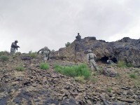 Soldiers from “Reapers”, Mortar Platoon, 1st Battalion, 506th Infantry Regiment, clear a cave and secure the area where they will provide indirect fire support during Operation Red Storm. (Staff Sgt. Matt Graham/Task Force Currahee Public Affairs)