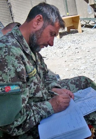 Afghan National Army 1st Lt. Dawoosha Han, the battery commander with 4th Kandak, 2nd Brigade, 203rd Corps, rechecks priority target coordinates during the battery’s first independent fire support mission June 12-16 in Afghanistan’s Paktika Province. (Courtesy Photo)