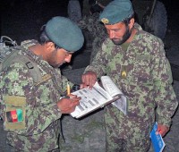 An Afghan National Army cannon section chief with 4th Kandak, 2nd Brigade, 203rd Corps, confirms data received from the ANA-operated fire direction center during the battery’s first independent fire support mission June 12-16 in Afghanistan’s Paktika Province. The battery provided support to 6th Kandak, 2nd BDE, 203rd Corps, as they conducted ground operations. (Courtesy Photo)