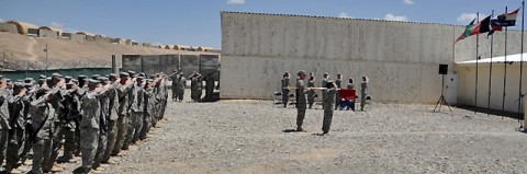 Soldiers from 4th Brigade Combat Team, 101st Airborne Division, Task Force Currahee, render honors to the Nation’s flag during a Memorial Day ceremony May 29th at Forward Operating Base Sharana in Paktika Province, Afghanistan. (Photo by U.S. Army Sgt. Luther L. Boothe Jr., Task Force Currahee Public Affairs)