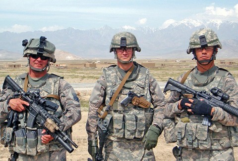 From left, U.S. Air Force Staff Sgt. David Terrazas, from Lake Orion, MI, U.S. Air Force Staff Sgt. Vinny Estes from Pensacola, FL, and U.S. Air Force Staff Sgt. Christopher Sargent from Livermore, CA, all members of the 455th Expeditionary Security Forces Squadron, April 14th outside Bagram Airfield, Afghanistan. The three Airmen have been deployed to Afghanistan since April, providing base security to BAF. (Courtesy photo)