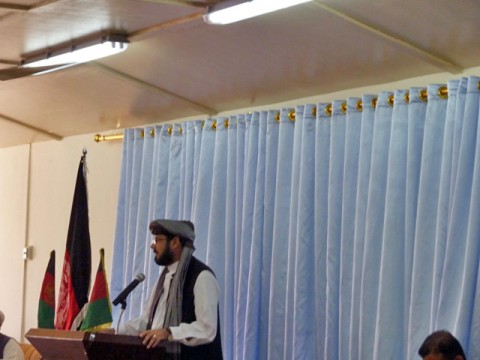 Paktika’s Provincial Gov. Mohibullah Samim addresses the assembled Mullahs about the need for the Afghan people to unite and build their country during a shura on Forward Operating Base Rushmore in Afghanistan’s Paktika Province, June 8th. (Photo by U.S. Army Chaplain (Capt.) Joshua A Chittim, Task Force Currahee) 