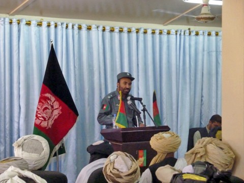 Afghan Uniformed Police Gen. Dawlat Khan of Paktika Province speaks to the assembled mullahs about the need for peace and stability for their country and the Afghan people during a shura on Forward Operating Base Rushmore, Afghanistan, June 8th. (Photo by U.S. Army Chaplain (Capt.) Joshua A Chittim, Task Force Currahee) 