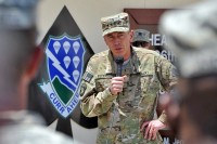 U.S. Army Gen. David H. Petraeus, commander of International Security Assistance Force and commander of U.S. Forces Afghanistan talks with Task Force Currahee Soldiers from 4th Brigade Combat Team, 101st Airborne Division July 7th, at Forward Operating Base Sharana in Afghanistan’s Paktika Province. Petraeus visited Task Force Currahee as part of his farewell tour as he prepares to retire from the U.S. Army. (Photo by U.S. Army Sgt. Luther L. Boothe Jr., Task Force Currahee Public Affairs)