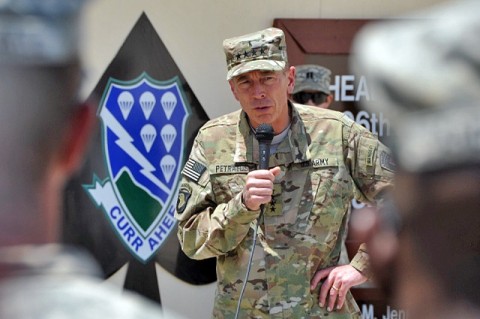 U.S. Army Gen. David H. Petraeus, commander of International Security Assistance Force and commander of U.S. Forces Afghanistan talks with Task Force Currahee Soldiers from 4th Brigade Combat Team, 101st Airborne Division July 7th, at Forward Operating Base Sharana in Afghanistan’s Paktika Province. Petraeus visited Task Force Currahee as part of his farewell tour as he prepares to retire from the U.S. Army. (Photo by U.S. Army Sgt. Luther L. Boothe Jr., Task Force Currahee Public Affairs)